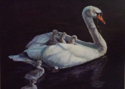 Jongen met Moeder zwaan, 2017, acryl op doek, 80:60 cm. Incl. 2 kleine doekjes 395€