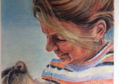Zelfportret met hond, pastelkrijt 39:52 cm