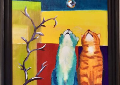 poesjes met druppel, 2021, Acryl op doek 30:40 cm, ingelijst, 150€