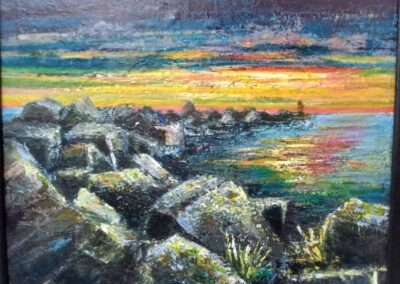 IJ Zuidpier bij ondergaande zon, 2022, acryl op doek, 40:40 cm, ingelijst, 175€