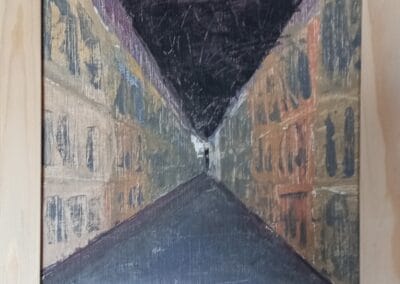 duisternis; 2021, acrylverf met decoratieverf, 28:30cm, ingelijst; verkocht.