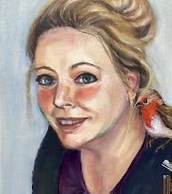 S portret, met roodborstje, olieverf, 24:30 cm, ingelijst, 250€