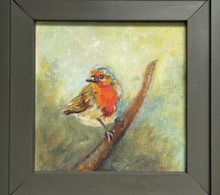 Roodborstje 1, 2026, olieverf op doek ~30:33, ingelijst 40:40 cm
