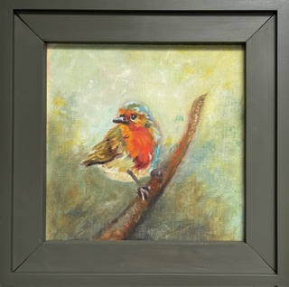 Roodborstje 1, 2026, olieverf op doek ~30:33, ingelijst 40:40 cm