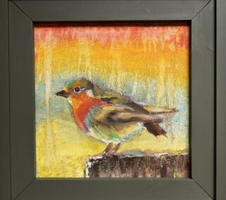 Roodborstje 2, 2026, olieverf op doek ~30:33, ingelijst 40:40 cm, 250€