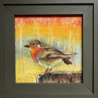 Roodborstje 2, 2026, olieverf op doek ~30:33, ingelijst 40:40 cm, 250€