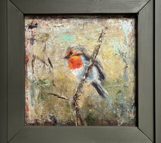 Roodborstje 3, 2026, olieverf op doek ~30:33, ingelijst 40:40 cm, 250€