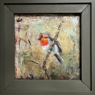 Roodborstje 3, 2026, olieverf op doek ~30:33, ingelijst 40:40 cm, 250€