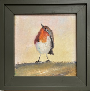 Roodborstje 4, 2026, olieverf op doek ~30:33, ingelijst 40:40 cm, 250€